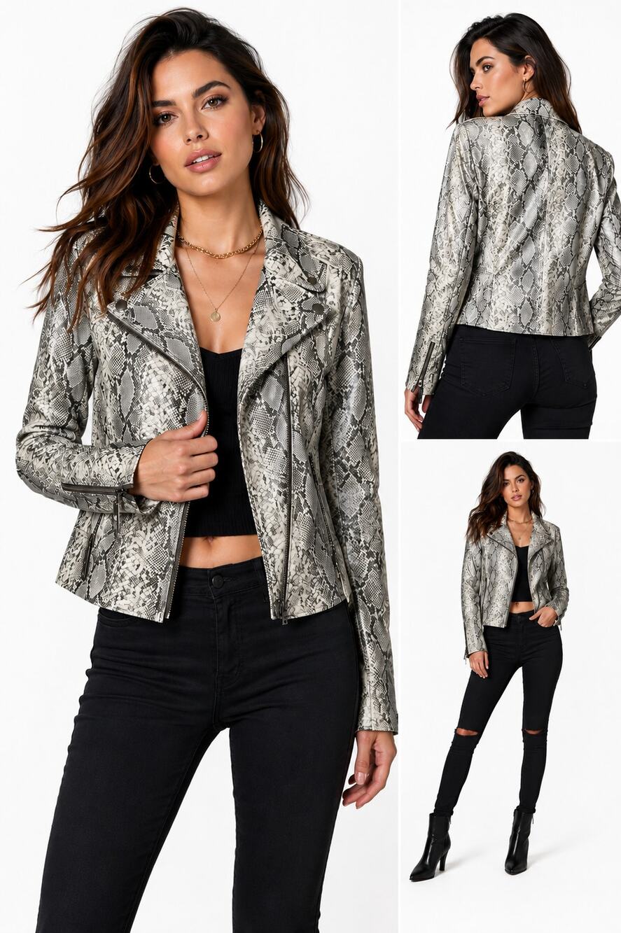 Blank NYC Moto Jacket Womens M Snakeskin Print Faux Leather Asymmetrical Zip